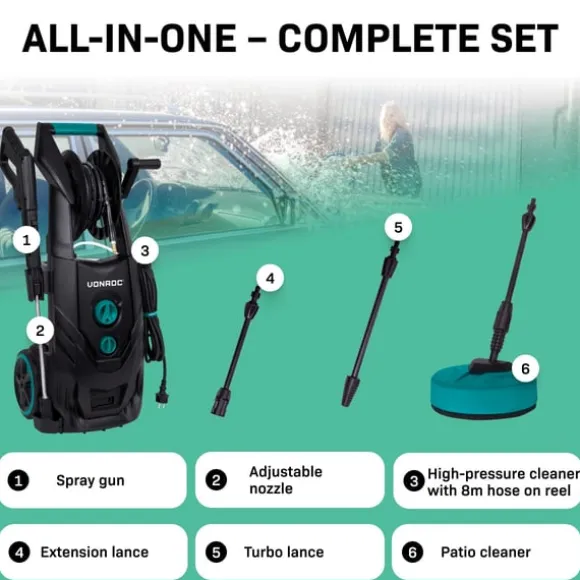 VONROC 2500W Högtryckstvätt med 195 Bar Induktionsmotor och 8m Slang – Inkl. Terrassrengörare och Turbolans