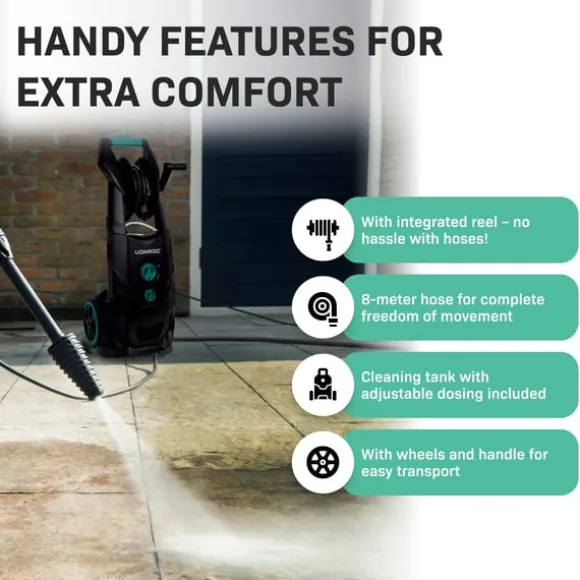 VONROC 2500W Högtryckstvätt med 195 Bar Induktionsmotor och 8m Slang – Inkl. Terrassrengörare och Turbolans