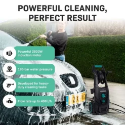 VONROC 2500W Högtryckstvätt med 195 Bar Induktionsmotor och 8m Slang – Inkl. Terrassrengörare och Turbolans