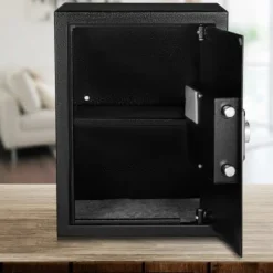 Värdeskåp, 60L brandsäkert kassaskåp med fingeravtryckslås och digital knappsats, 35x30x47 cm, svart, stål