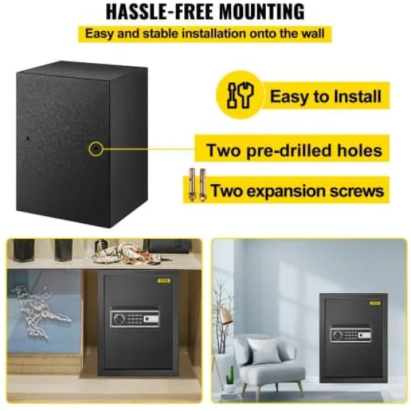 Värdeskåp, 60L brandsäkert kassaskåp med fingeravtryckslås och digital knappsats, 35x30x47 cm, svart, stål