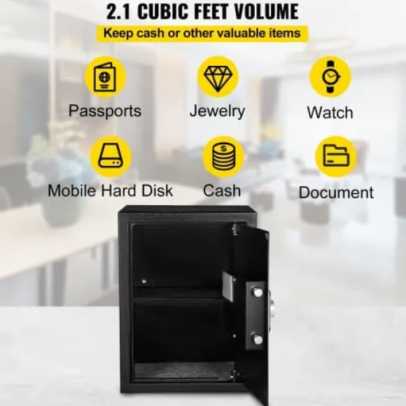 Värdeskåp, 60L brandsäkert kassaskåp med fingeravtryckslås och digital knappsats, 35x30x47 cm, svart, stål
