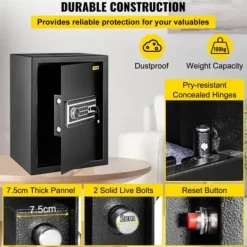 Värdeskåp, 60L brandsäkert kassaskåp med fingeravtryckslås och digital knappsats, 35x30x47 cm, svart, stål