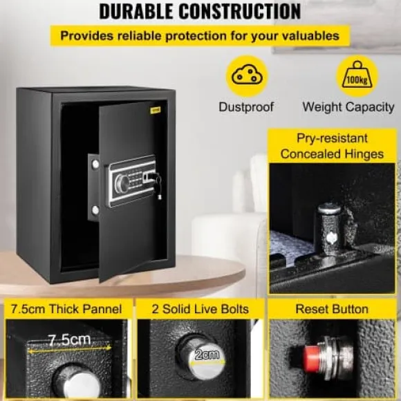 Värdeskåp, 60L brandsäkert kassaskåp med fingeravtryckslås och digital knappsats, 35x30x47 cm, svart, stål