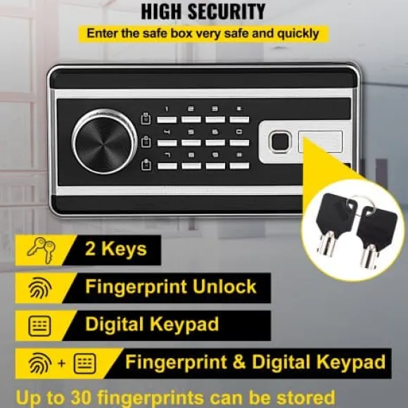 Värdeskåp, 60L brandsäkert kassaskåp med fingeravtryckslås och digital knappsats, 35x30x47 cm, svart, stål