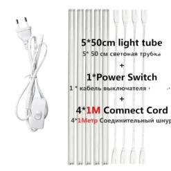 Växtbelysning, Fullspektrum LED, Hög Intensitet,EU-kontakt, 5rör 1M kabel