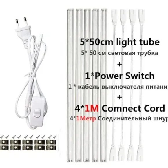 Växtbelysning, Fullspektrum LED, Hög Intensitet,EU-kontakt, 5rör 1M kabel