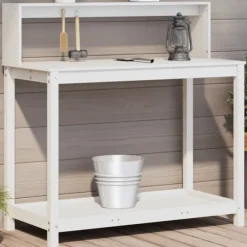 Växtbord med hyllor i massiv furu - Planteringsbord | Färg: Vit | Storlek: 108x50x109,5 cm