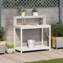 Växtbord med hyllor i massiv furu - Planteringsbord | Färg: Vit | Storlek: 108x50x109,5 cm