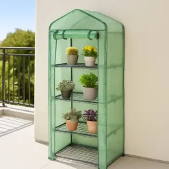 Växthus med 4 Hyllplan & PE-Överdrag med Dragkedja | Gratis planteringsspade