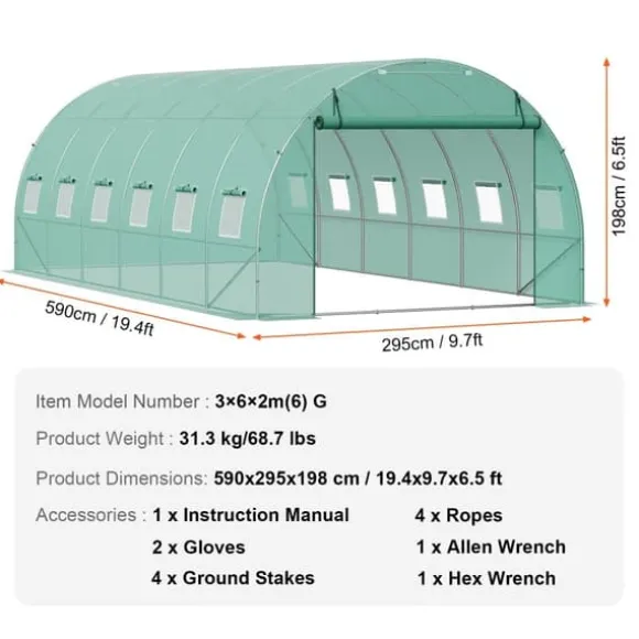 Växthus Walk-in Tunnel 19,36x9,68x6,5 fot, Galvaniserad Ram, PE-Överdrag, Grön, Hållbar och Rymlig