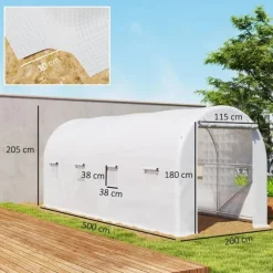 Växthustunnel - Foliedrivhus - 500x200x205 cm - Rullbar dörr - 8 fönster - Vit