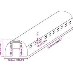 Växthusöverdrag med 20 fönster och dörr | Färg: Grön | Storlek: 300x1500x200 cm | 45 m²