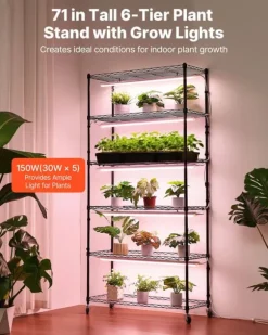 Växthylla med odlingslampa/växtlampa - 6-vånings växtställ - 180 cm Högt - LED 150 W 3800 K Fullspektrum - Hjul - Timer - För inomhusväxter