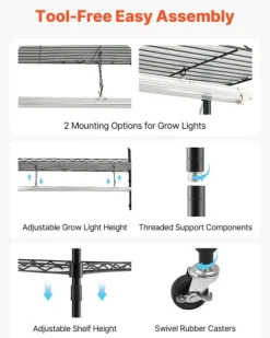 Växthylla med odlingslampa/växtlampa - 6-vånings växtställ - 180 cm Högt - LED 150 W 3800 K Fullspektrum - Hjul - Timer - För inomhusväxter