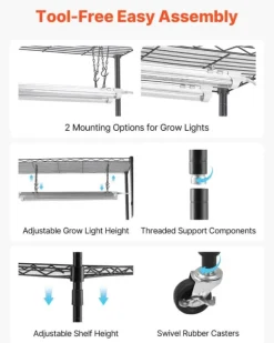 Växthylla med odlingslampor - Inomhus odlingshylla - 180 cm - Med hjul - Fullspektrum 192 W 5000 K - Kraftig metall - För förodling