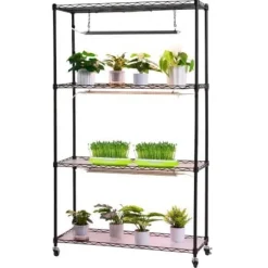 Växthyllla, 4-nivå inomhus växtställ med växtbelysning, 90x35x150 cm, metall