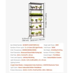 Växthyllla, 6-nivåers inomhus växtställ med växtbelysning, 75x35x180 cm