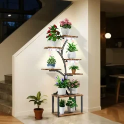 Växtställ & Blomhylla - Hörnmodell i trä - Trädform - 7 Hyllplan - 151 cm - Med LED-belysning - Inomhus - Grå