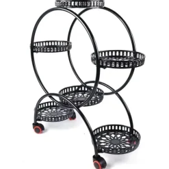 Växtställ - Blomkrukshylla 4 våningar - Metall - Med hjul - Robust - Rund design - Svart