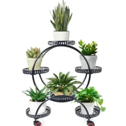 Växtställ - Blomkrukshylla 4 våningar - Metall - Med hjul - Robust - Rund design - Svart