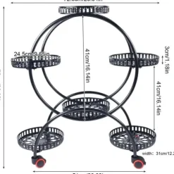 Växtställ - Blomkrukshylla 4 våningar - Metall - Med hjul - Robust - Rund design - Svart