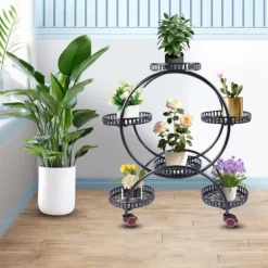 Växtställ - Blomkrukshylla 4 våningar - Metall - Med hjul - Robust - Rund design - Svart