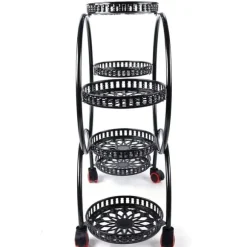 Växtställ - Blomkrukshylla 4 våningar - Metall - Med hjul - Robust - Rund design - Svart