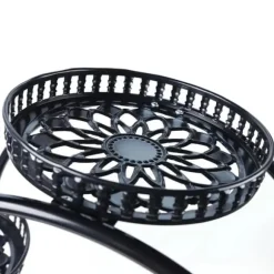 Växtställ - Blomkrukshylla 4 våningar - Metall - Med hjul - Robust - Rund design - Svart