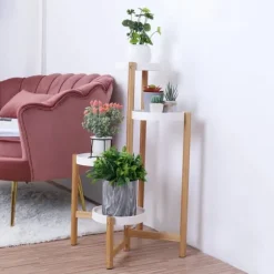 Växtställ - Hörn, rund blomhylla för krukor - 4 Nivåer - Inomhus/Utomhus - Trä - Orange