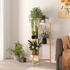 Växtställ - Hörn, rund blomhylla för krukor - 4 Nivåer - Inomhus/Utomhus - Trä - Orange