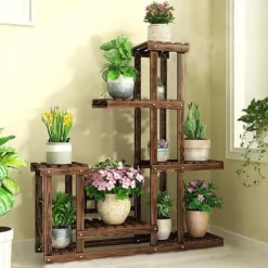 Växtställ i trä - Hörnhylla - 5 nivåer - Inne/ute - För blomkrukor - Beige