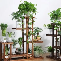 Växtställ i trä - Hörnhylla - 5 nivåer - Inne/ute - För blomkrukor - Beige