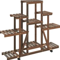 Växtställ med hjul i massiv furu - Eleganta och hållbara växtstativ | Storlek: 110x25x101 cm | Färg: Naturlig träfärg