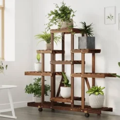 Växtställ med hjul i massiv furu - Eleganta och hållbara växtstativ | Storlek: 110x25x101 cm | Färg: Naturlig träfärg