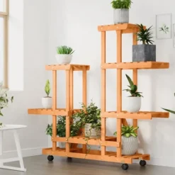Växtställ med hjul i massiv furu | Storlek: 95x25x101 cm | Färg: Naturlig träfinér