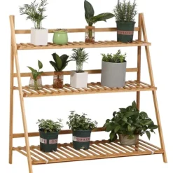 Växtställ och blomhylla i bambu - 3-vånings vikbar hylla - Fristående - 100 x 39 x 97 cm