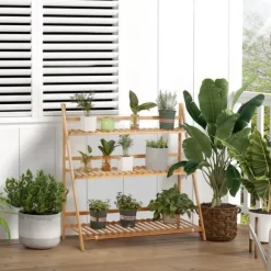 Växtställ och blomhylla i bambu - 3-vånings vikbar hylla - Fristående - 100 x 39 x 97 cm
