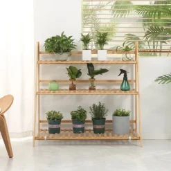 Växtställ och blomhylla i bambu - 3-vånings vikbar hylla - Fristående - 100 x 39 x 97 cm