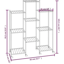 Växtställ på hjul i svart järn – Hållbar och stabil hylla | Storlek: 83x25x103,5 cm | Färg: Svart