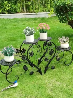 Växtställ 2-pack - Blomhylla - Rostbeständig metall - Fyra våningar - Inne/ute balkong trädgård kontor - Montering - Svart