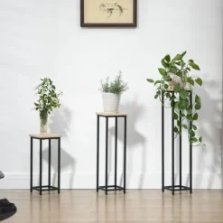 Växtställ set 3-delat blompallar & krukhållare stål svart/natur för trädgård/balkong