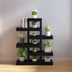 Växtställ Svart 85x25x109,5 cm massiv furu
