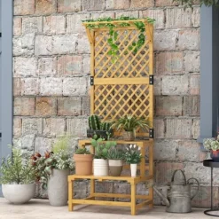 Växtställ trä 2 nivåer med spaljé 60x50x166 cm gul för trädgård/terrass