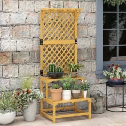 Växtställ trä 2 nivåer med spaljé 60x50x166 cm gul för trädgård/terrass