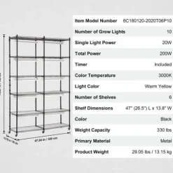 Växtställning 6 Eters med växtbelysning 200W, justerbar ljusstyrka, effektiv energianvändning, perfekt för inomhusodling