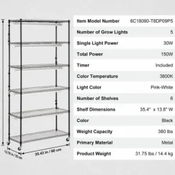 Växtställning med växtlampa 180W, 6 Eters, inomhus växtskåp, justerbar ljusstyrka, modern design för inomhusplantering