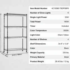 Växtställning med växtlampor 180W, justerbar höjd, energieffektiv belysning, 59,1 cm hög, perfekt för inomhusodling och snabb tillväxt