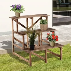Växttrappa blomhylla 3 steg granträ 80 x 80 x 78 cm för trädgård/balkong/terrass