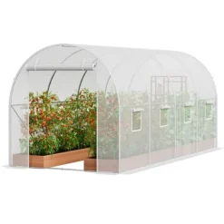 Walk-in Tunnelväxthus 14,6x6,36x6,3ft, Galvaniserad Ram, PE-Överdrag, Vit, Stort Utrymme, Hållbar Konstruktion